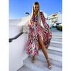 Boho Floral Print Long Dress Elegant Deep V Neck Long Sleeve High Split Swing Dress with Belt Women Beach Dresses Sexy