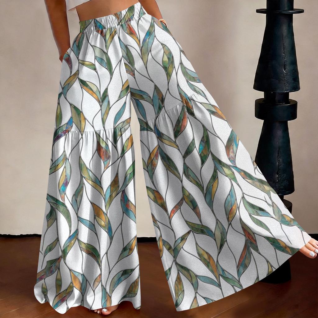 Women High Waist Loose Fit Lightweight Wide Leg Pants Vintage Floral Print Flowing Long Trousers Casual Relaxed Style