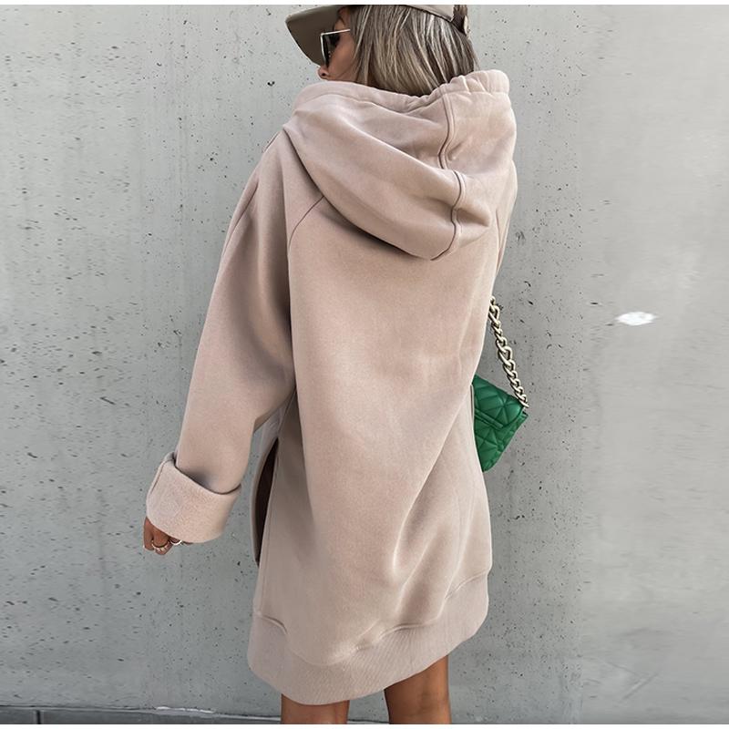 Middellange effen kleur lange mouw trend dames hoodie herfst winter sweatshirt met zakken