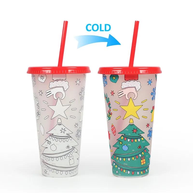24 Oz Coffee Straw Cup Reusable Christmas Color Changing Cup with Lid Plastic Cold Bucket Party Drink Cup
