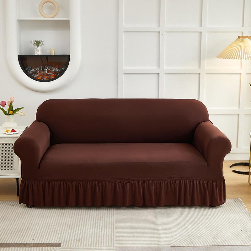 1pc Stretch Sofa Cover With Skirt Solid Color Dustproof Non-slip Adjuatable Sofa Slipcover for Bedroom Living Room Home Decor