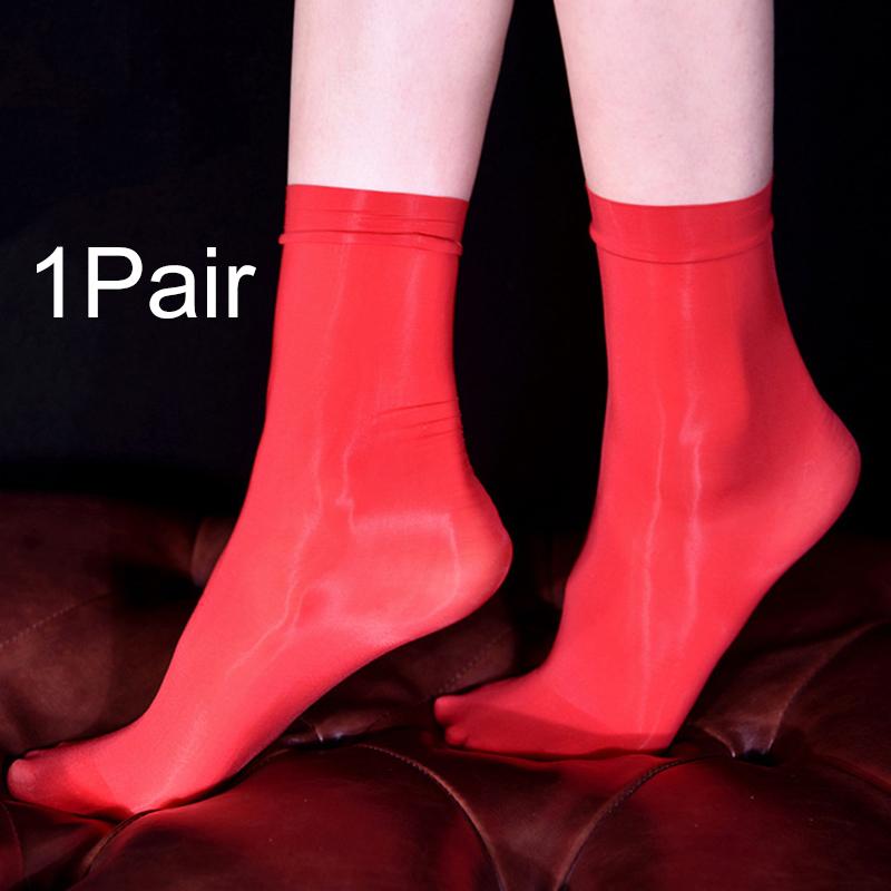 1Pair Solid Color Oil Shiny Nylon Summer Female Silky Sheer Stockings Ankle Socks Women