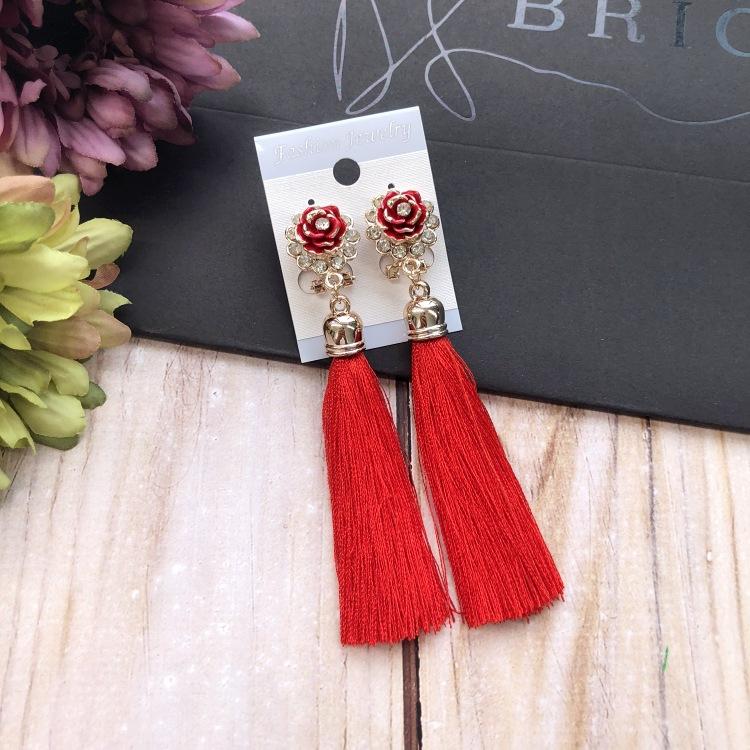 Retro flower gemstone with diamond fringed stud earrings long celebrity temperament earrings women's versatile earrings