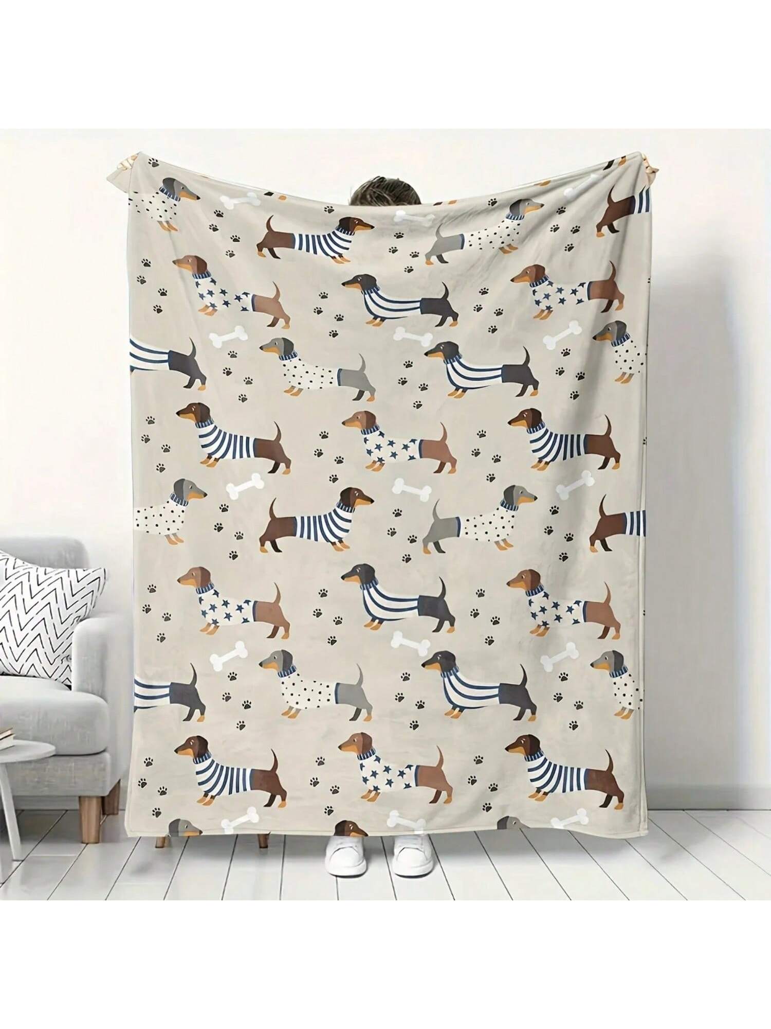 

PetStyle Dachshund Blanket Colorful Striped Star Dog Patterns Paw Bone Elements Soft Cozy Throw Sofa Couch Decor 75X95CM сірий колір