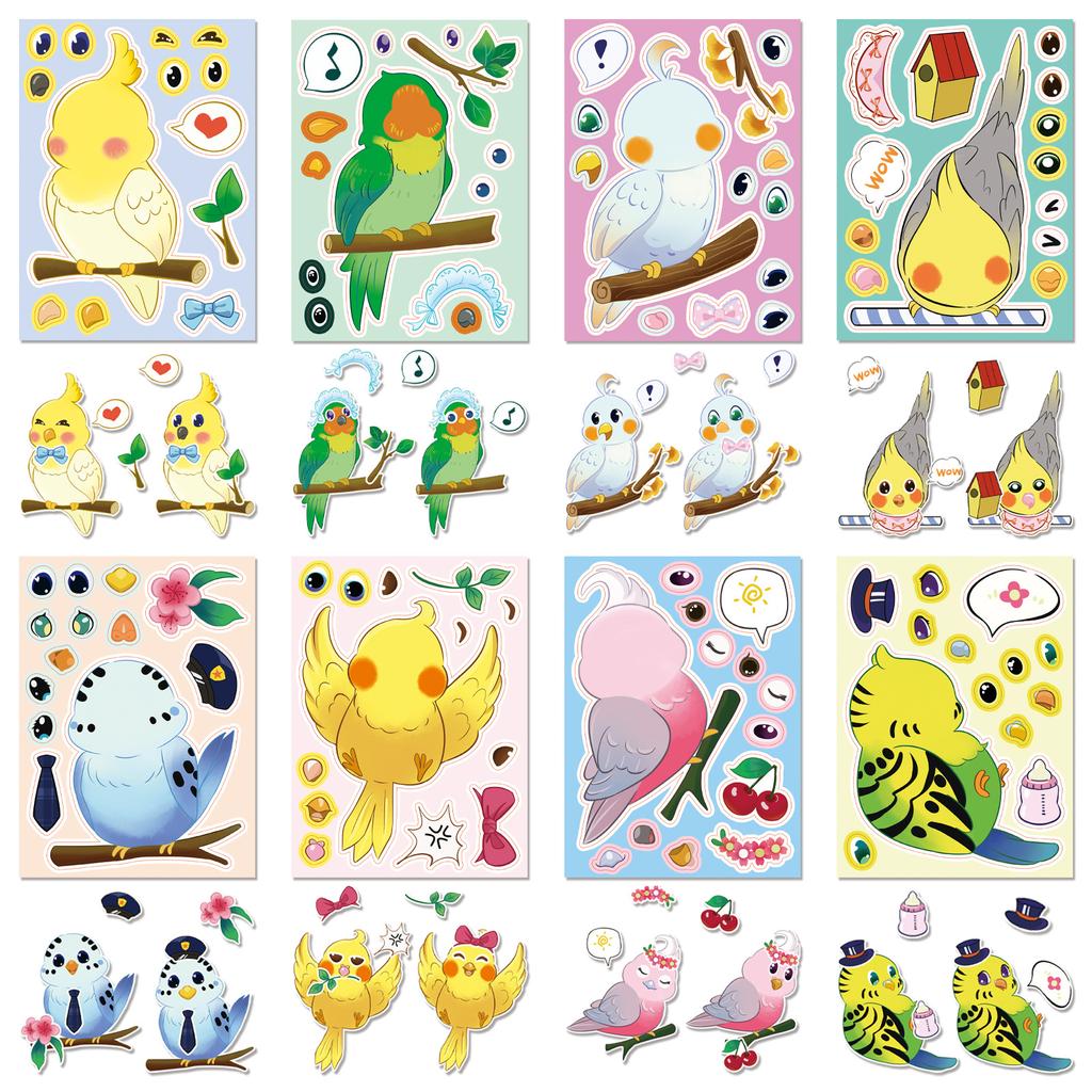8 Pictures/set of Parrot Face Change Graffiti Stickers Personality Make A Face Cartoon Puzzle Stickers
