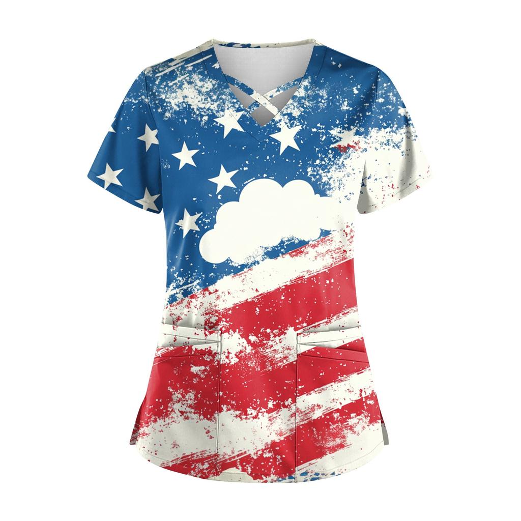 Top de damă cu mânecă scurtă Stagger cu decolteu în V cu imprimeu buzunar pentru asistentă uscată