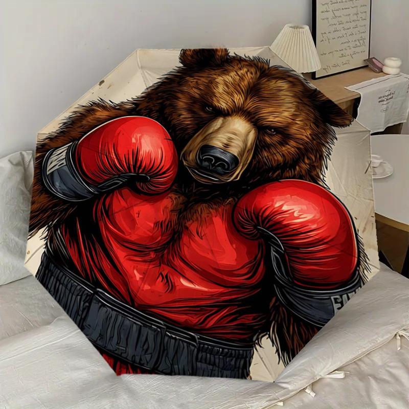 Boxing Bear with Boxing Gloves - Automatic Opening Umbrella, Portable Folding Design, 8-Rib Iron Frame Outdoor Umbrella, Ideal Gift for Fans