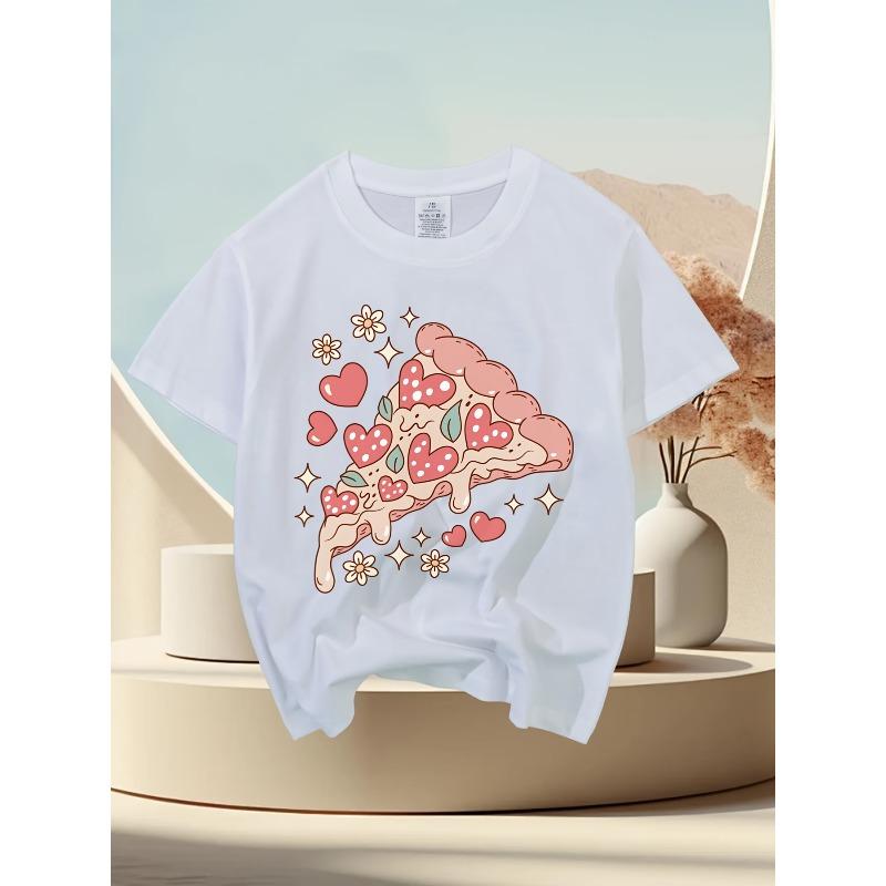European sizes Girls' Heart Pizza Slice Flowers Stars Valentine'S Day Short Sleeve T-Shirt | Cute Cartoon Print, Stretchy Breathable Fabric