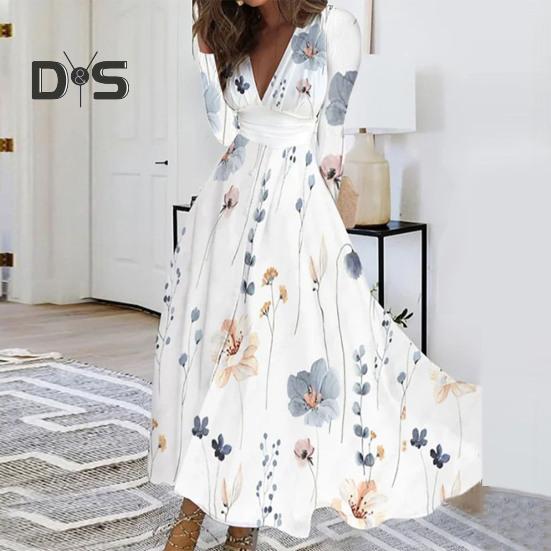 Women Elegant Floral Print Maxi Dress V neck Long Sleeve High Waist Gown Dress A Line Long Dress Streetwear