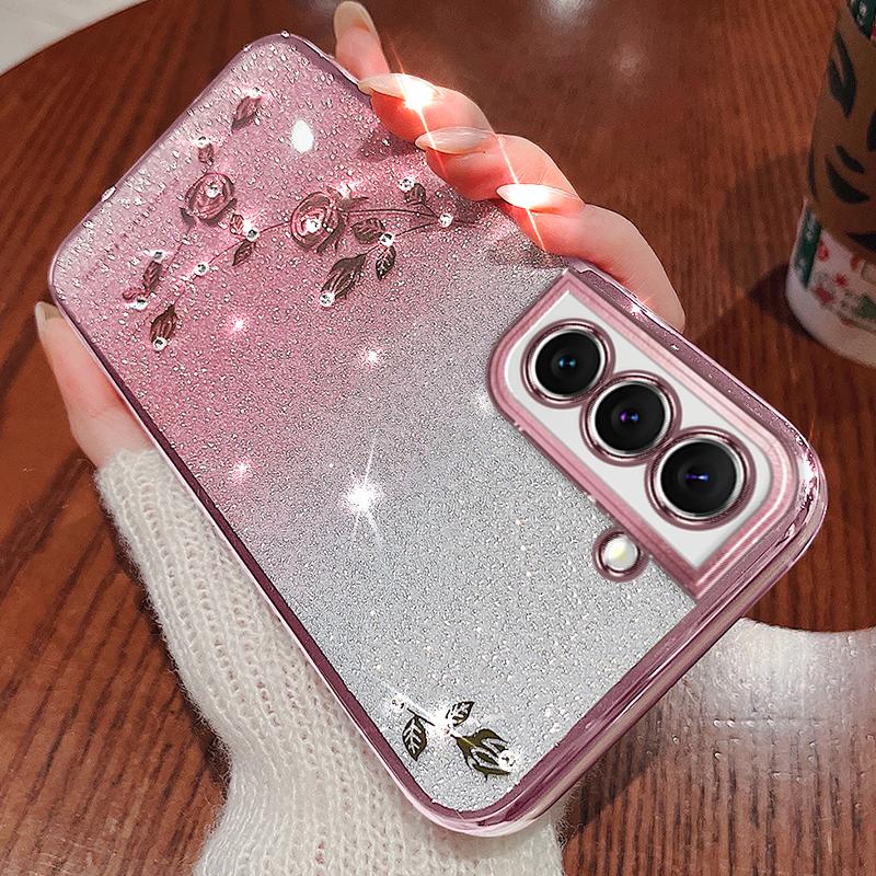 KADEM Rhinestone Design Smartphone Case for Samsung Galaxy S22 5G,Anti-Scratch Flower Pattern Decor Glitter Powder Gradient Color TPU Phone Cover