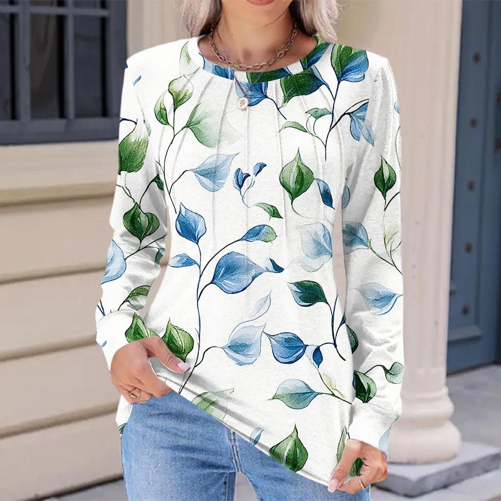 Women's Fashionable Casual Floral Retro Print Pleated Comfortable Round Neck Loose Long Sleeve T-shirt Top