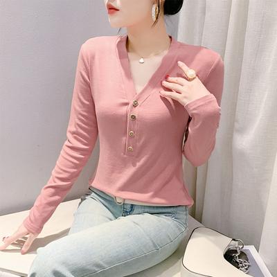 Kadın Kış Yeni Moda ve Çok Yönlü Temel Tişört Seksi V Yaka Düğmeli Uzun Kollu Slim Vücut