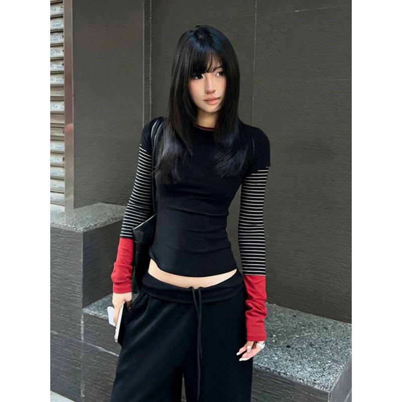 260g Cotton Modal Patchwork Color Block Slimming Two-Piece Striped Long Sleeve Top Extra Large чёрный