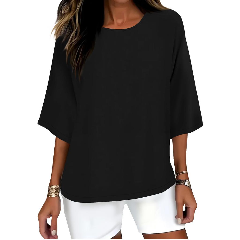 Women's Fashion Color Casual T-Shirt Seven Sleeve Round Neck Cotton Top