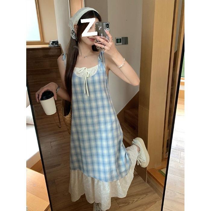 Super pretty, slimming fake two-piece patchwork red plaid slip dress for women, new summer loose dress S