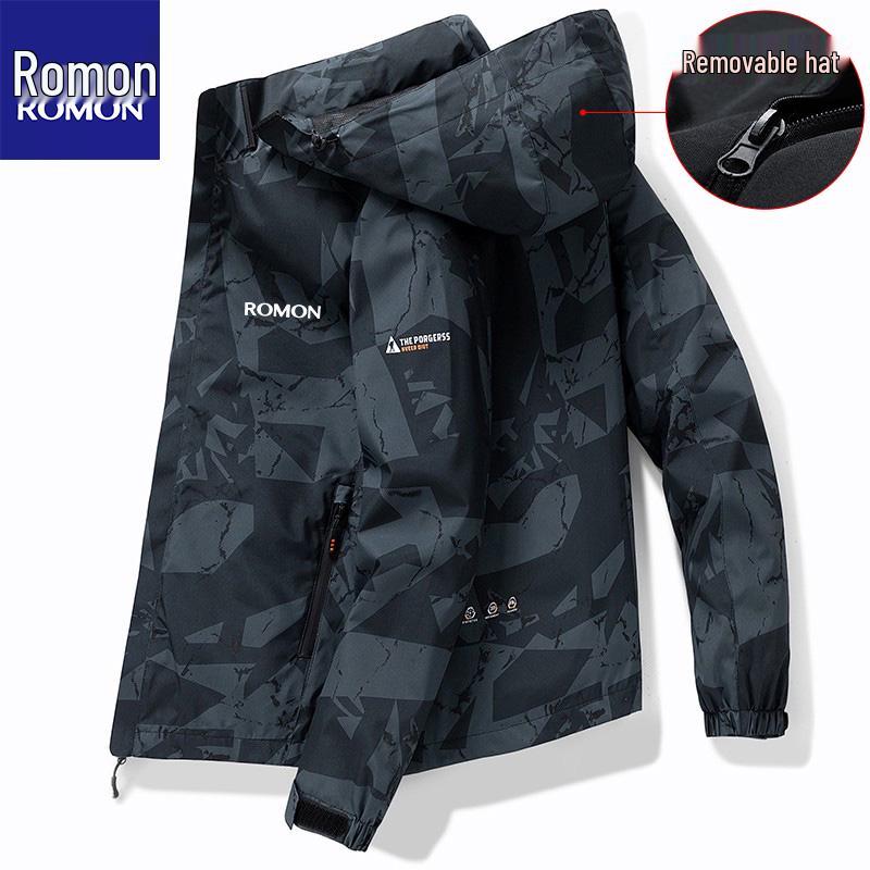 Romon Herren Camouflage Fleecegefütterter Kapuzen-Wasserabweisender Windbreaker Parka