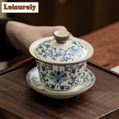 150ml Retro Ru Kiln Porcelain Gaiwan Blue And White Blessing Three Talents Tea Tureen Tea Making Cover Bowl Tea Services Craft
