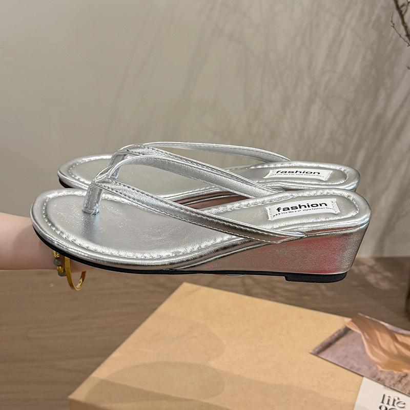 

Fashion Summer Women Clip Toe Wedges Heel Slippers Concise Party Dress Slide Ladies Outdoor Beach Sandalias 35 серебряный