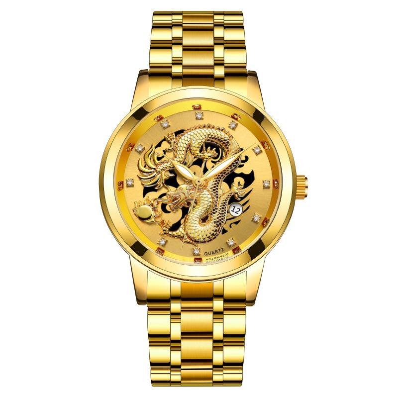 Popular Fashion Calendar Men's Watch Men's Watch Steel Belt Non-Mechanical Business Waterproof Square Diamond Chinese Dragon Watch