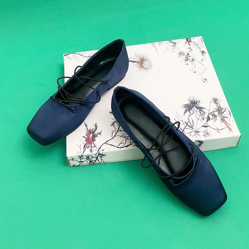 Korean New Blue Satin Leather Square Head Retro Niche Light Mouth Single Shoes Mary Jane Ballet Flats Women