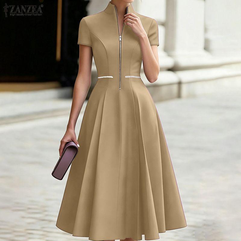ZANZEA Women Casual Zipper Stand Collar Summer Short Sleeve Dress