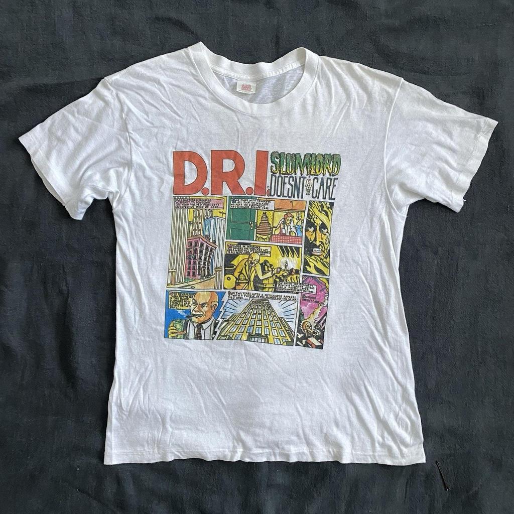 Vintage 80s D.R.I. Slumlord Doesn’t Care T Shirt L White Hardcore Punk Thrash