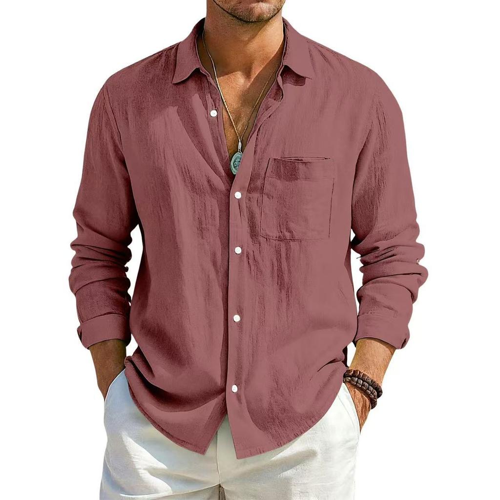 Camicia Estiva da Uomo a Maniche Lunghe Tinta Unita Larga in Cotone e Lino con Tasche Estiva Traspirante Moda Casual Camicie per Uomo