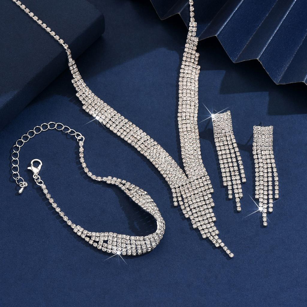Fashionable Tassel Sparkling Rhinestone Necklace Earring Jewelry Set, Light Luxury Style High-end Jewelry Set