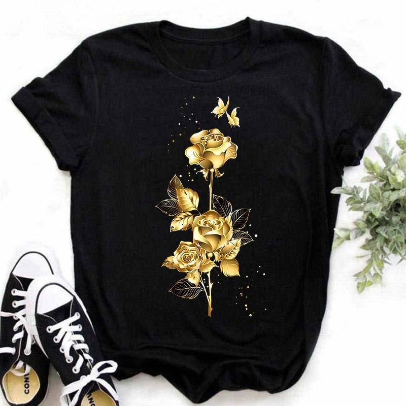 

Fashion Gold Rose Print Women T Shirt Harajuku Short Sleeves Tshirts Casual O-neck Top Tee Shirt Women Black T-shirt L