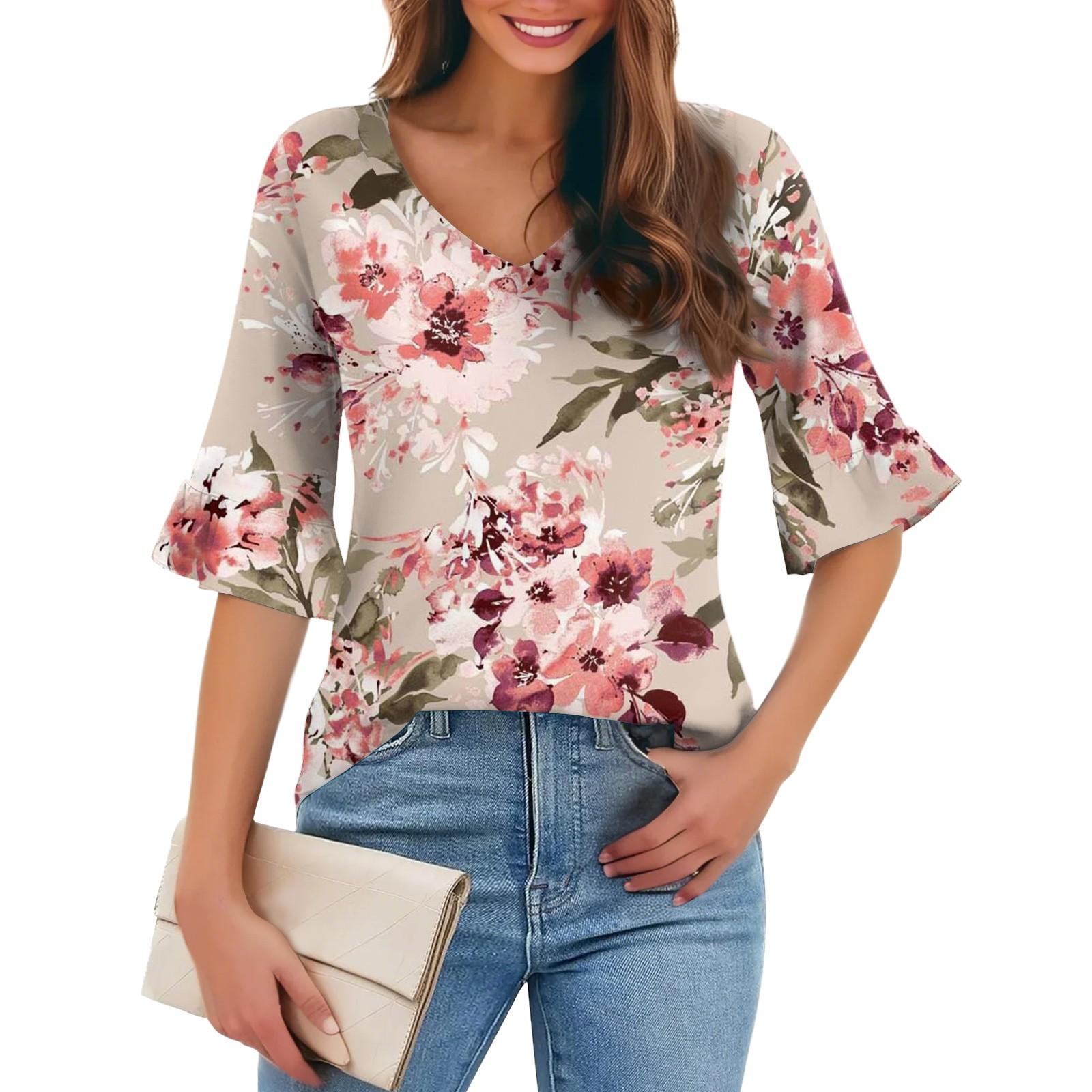 

Женская повседневная модная футболка с V-образным вырезом, свободная, для поездок на работу, с цветочным принтом и рукавами-пятью точками XXXL светло-зеленый