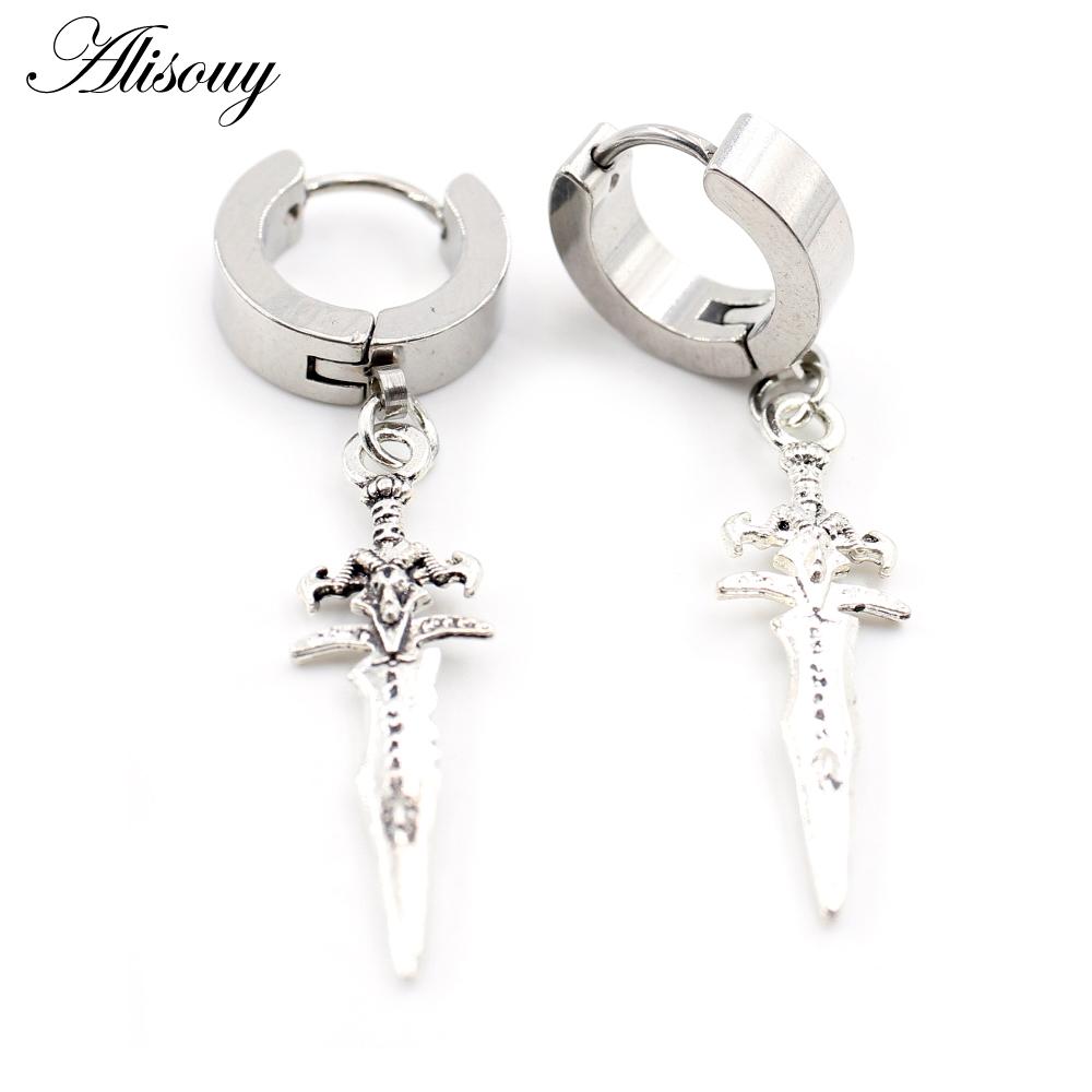 Alisouy 2PCS Stainless Steel Star Cross Snake Spike Skull Sword Blade Chain Feather Spider Dangle Women Men Huggie Hoop Earrings