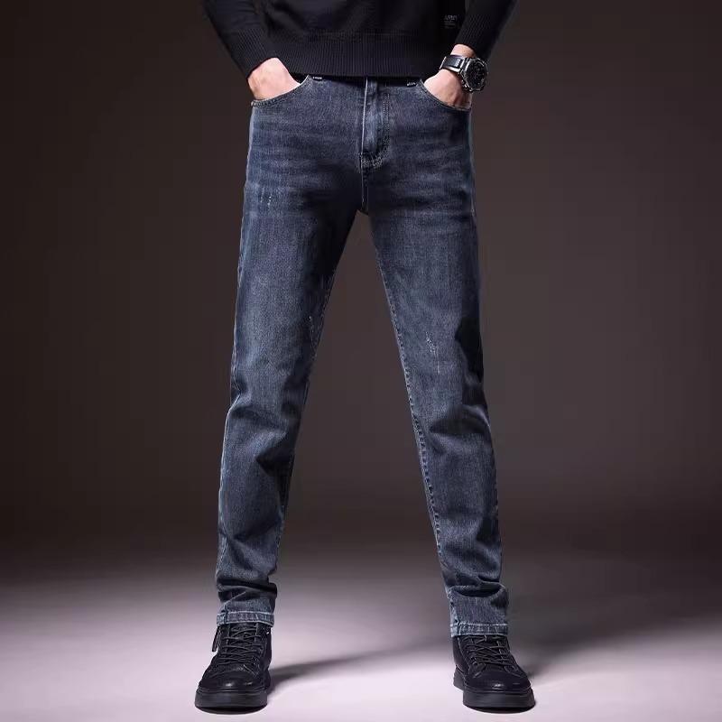Spring And Autumn Winter New Men'S Plush/Regular Jeans Slimming Straight Stretch Business Versatile Long Pants