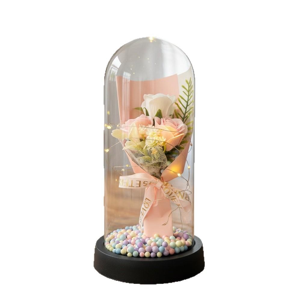 1 Artificial Rose Immortal Flower Bouquet Glass Cover Soap Flower Qixi Festival Valentine's Day Gift Creative Christmas Gift