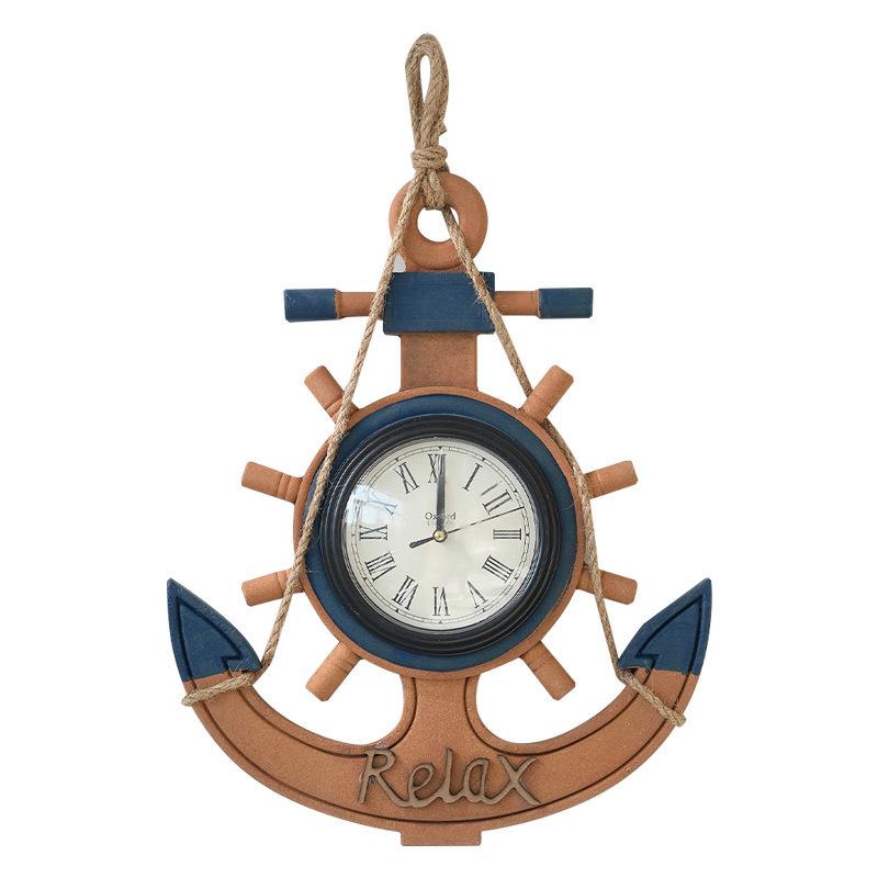 Vintage Mediterranean Ship Wheel Wall Clock - Distressed Wooden Decor for Living Room or Bar