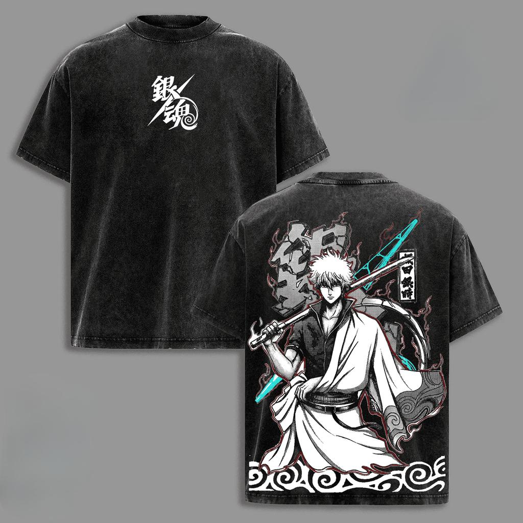 Anime Sakata Gintoki T-shirt For Men's Clothing Vintage Washed Oversized T Shirt Summer Short Sleeve Clothes