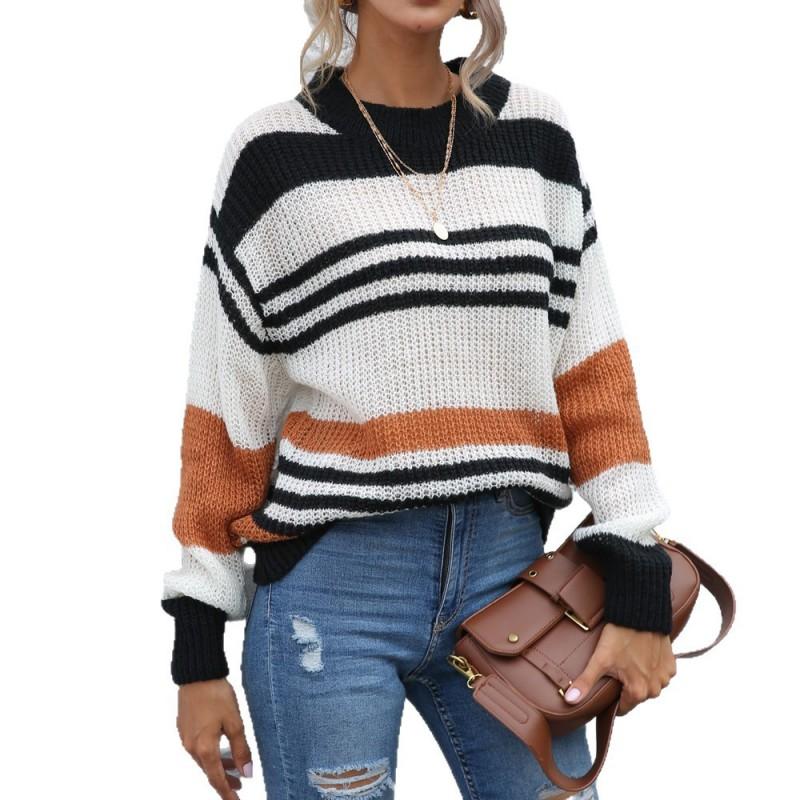 Striped Pullover Sweater Long Sleeve Round Neck Loose Fit Casual Women Fall 2025