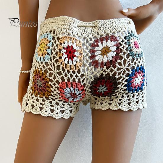 Women Crochet Beach Shorts Hollow Out Colorful Print Super Short Drawstring Elastic Waist High Waist Slim Fit Vacation Bikini Shorts