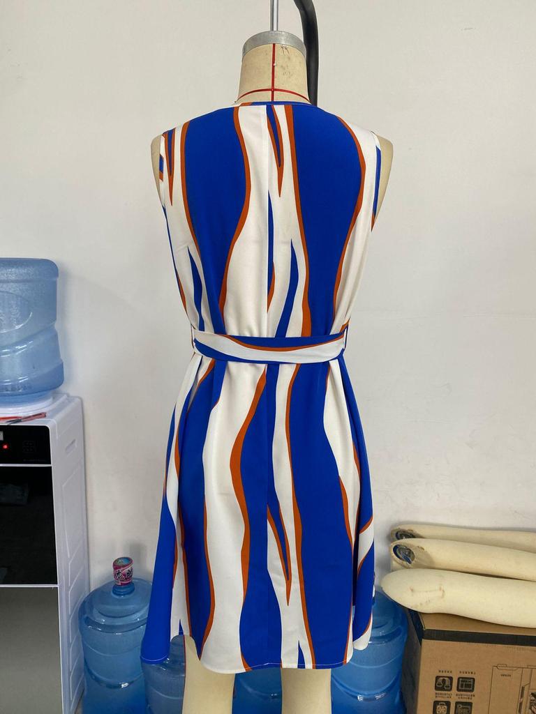 European and American Style Striped Slim A-line Dress with Belt and Slit Collar