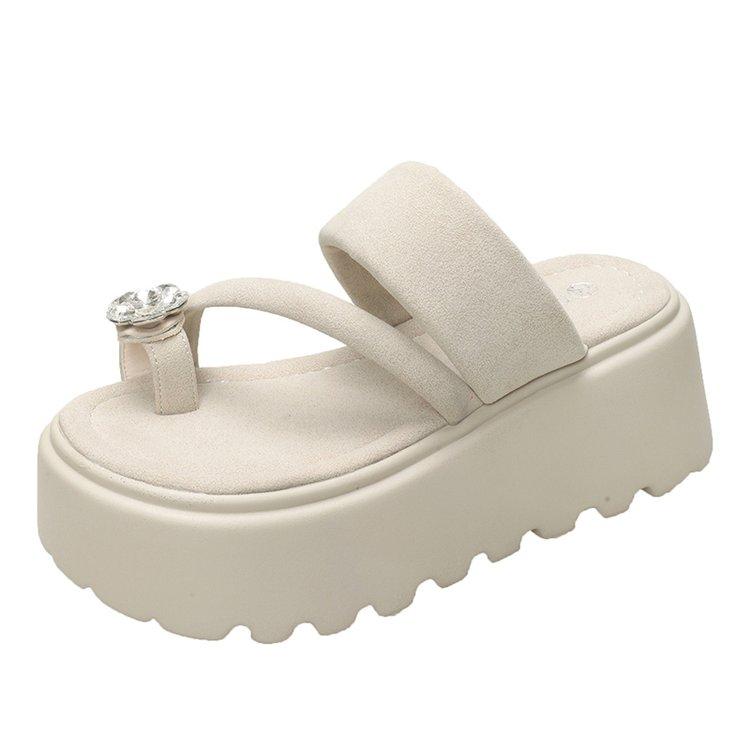 Fashion 8CM Women High Platform Slippers Summer Rhinestone Beach Flip-Flops Ladies Wedge Heels Flock Shoes Woman Outside Chunky Sandals