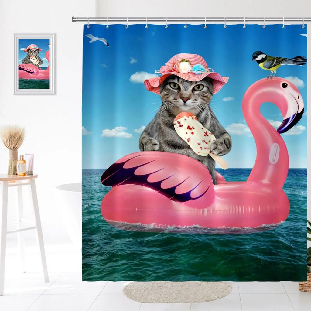 Ice Cream Shower Curtain Summer Flower Rainbow Popsicle Colorful Dots Design Fabric Waterproof Bath Curtain Bathroom Curtain Set