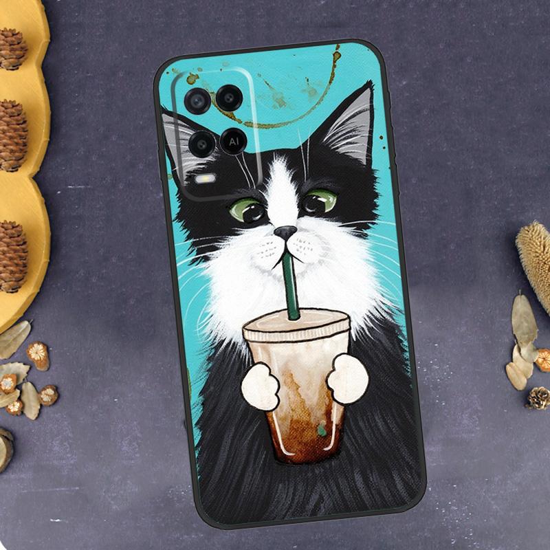 Cute Animal Cat Coffee Phone Case For Oppo A94 A74 A54 A15 A18 A38 A58 A78 A98 A40 A60 A80 A16 A76 A96 A57S A17 A77