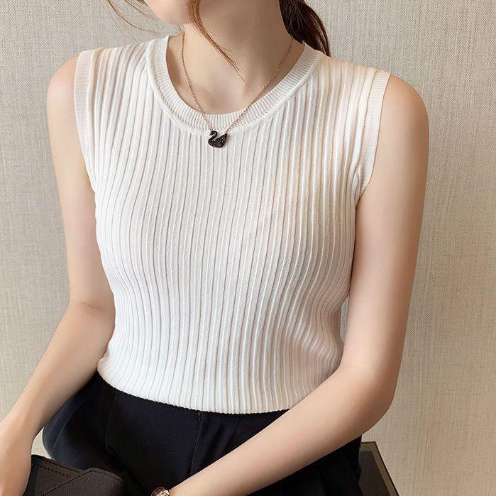 2025 Women's Versatile Ice Silk Spaghetti Strap Tank Top Sleeveless Crew Neck Undershirt