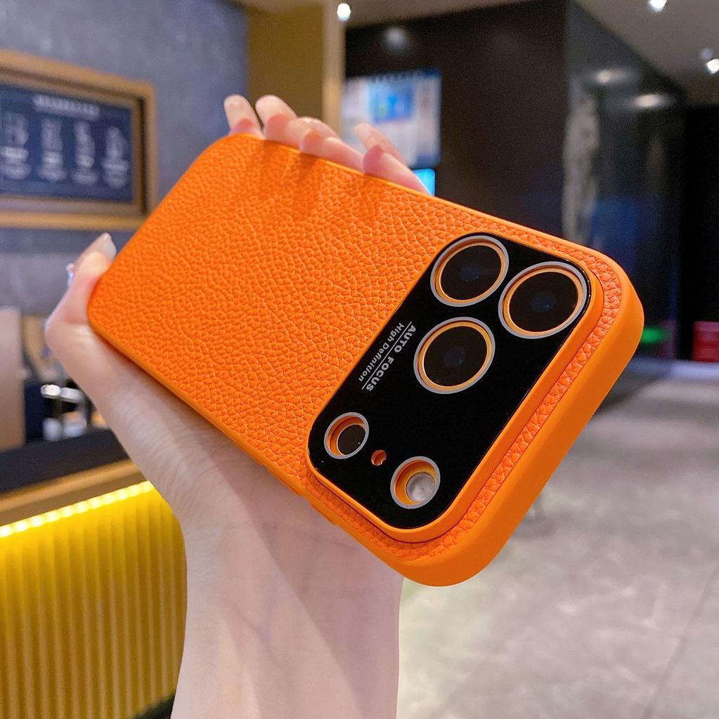 Applicable to iPhone17 mobile phone case plain leather lychee pattern Apple 16pro creative second change 15 advanced sense protective case