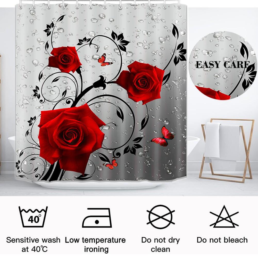 Perdea de baie cu flori imprimată 3D, impermeabilă, romantică, cu trandafiri roșii, seturi de perdea de duș și covoraș pentru decorul de baie de Ziua Îndrăgostiților