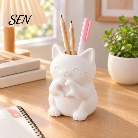 Small Animal Figurine 3D Printed Cute Cat Pen Holder, Decorative Desktop Stationery Organizer for Pencils and Office Supplies Makeup Brushes,