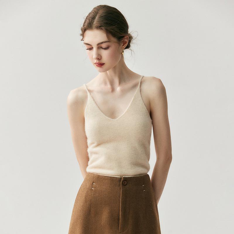 Women's V-Neck Slim Fit Cashmere Knit Spaghetti Strap Vest - Autumn/Winter 2026 Base Layer Top