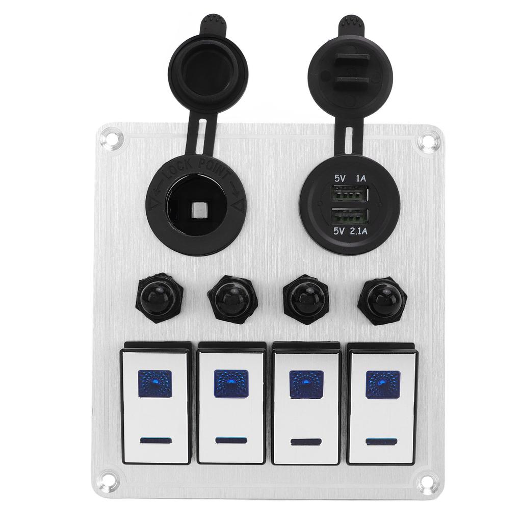 4 Gang Rocker Switch Panel Waterproof Marine Boat Toggle Switch Panel Silver Oxide On Off with Double Blue Light