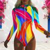 Women Plus Size Blue White Printed High Neck Front Zip Long Sleeve One Piece Swimsuit