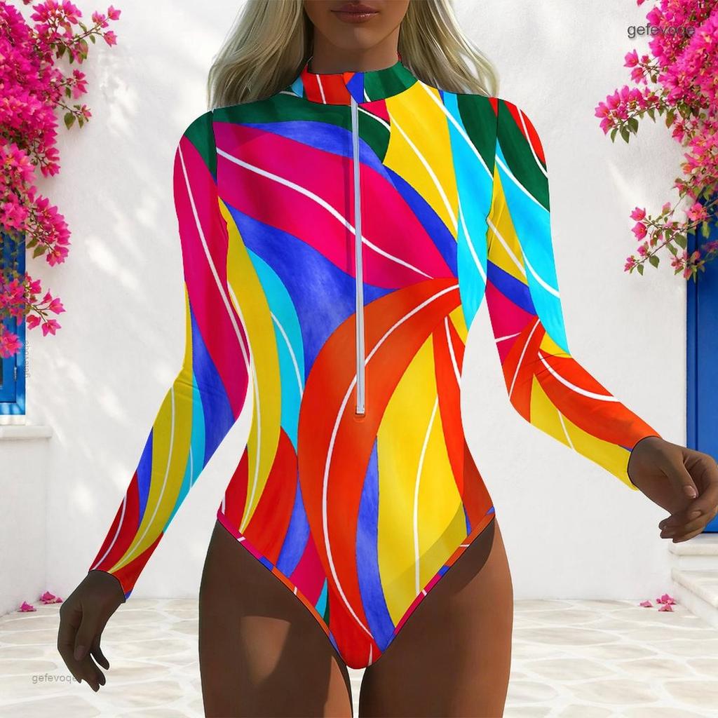 Women Plus Size Blue White Printed High Neck Front Zip Long Sleeve One Piece Swimsuit