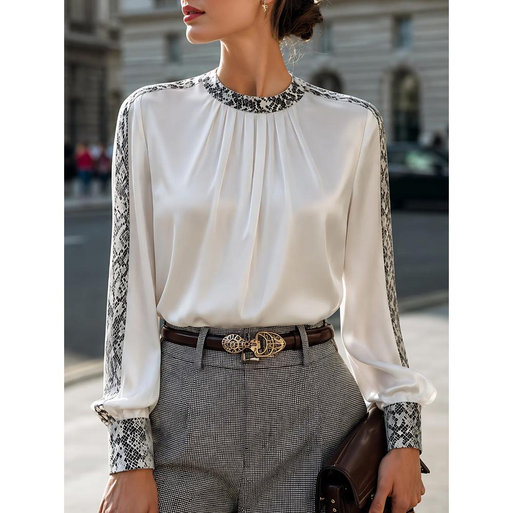 Satin-blend, Snake-print, Round-neck, Pleated, Loose-fit, Long-sleeved, Versatile Women’s Shirt